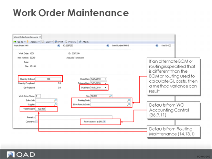 Work Order Maintenance Screen